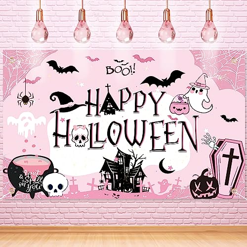 Pink Halloween Backdrop Banner for Parties - Large Birthday & Baby Shower Decorations