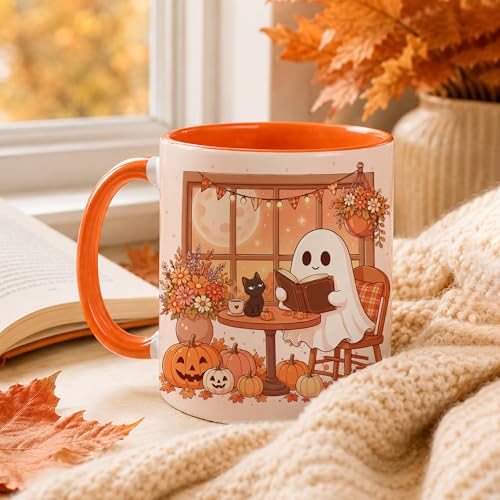 Ghost Fall Reading Mug 11 Oz with Keychain - Book Lover Gift, Halloween & Autumn Theme - Variation: Ghost Fall & Cat
