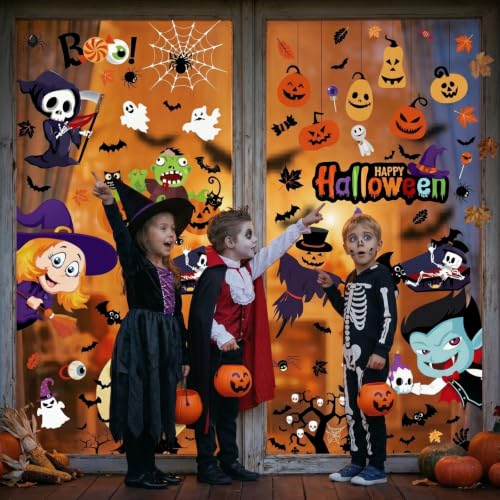Halloween Window Clings - 9 Sheets Spooky Decorations for Home & Party - Witch Ghost Pumpkin