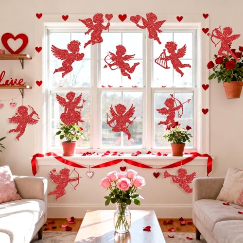 Red Valentine Cupid Paper Cutouts - Glitter Giant Bulletin Board Decorations, 12 Pcs