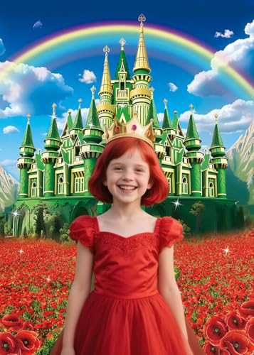 8x10FT Rainbow Floral Castle Backdrop - Green Castle Yellow Brick Road Photography Background for Party and Events