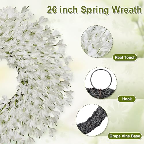 Spring Wreath for Front Door - 26 Inch Artificial Forsythia, All Season Outdoor Decor - White-R