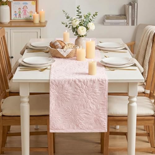 Pink 13x72 Inch Cotton Table Runner - Floral Dahlia Pattern, Spring Home Decor
