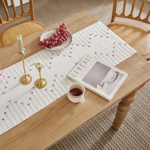Boho Table Runner 14x48 Inch Taupe/Ivory Woven Home Decor with Fringed Edges