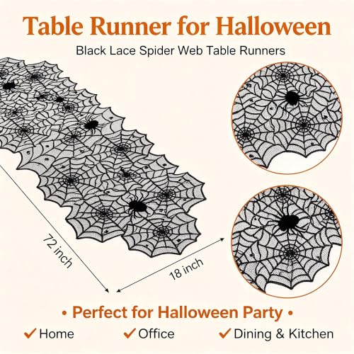 Halloween Spider Web Lace Table Runner for Dining & Decor - Black, 18x72 Inches