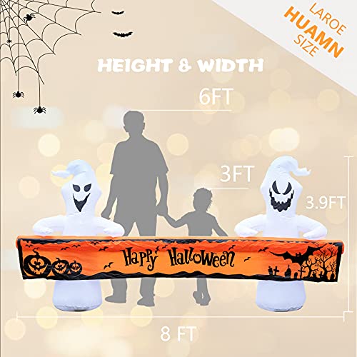 8FT Ghost Inflatable Halloween Yard Decor with Happy Halloween Banner - Outdoor Lighted Ghosts
