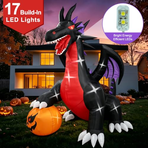 10Ft Halloween Inflatable Dragon with Pumpkin Pterosaur Outdoor Yard Decoration