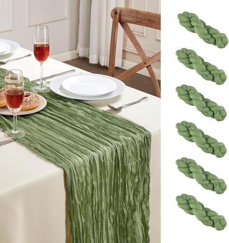Sage Green Cheesecloth Table Runner 35x120 Inches - 6 Pack, Boho Rustic Home Decor