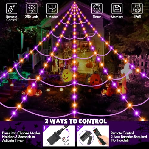 Halloween Spider Web Lights with Fake Spider - 200" Outdoor Decor, 8 Lighting Modes, Purple & Orange Variation