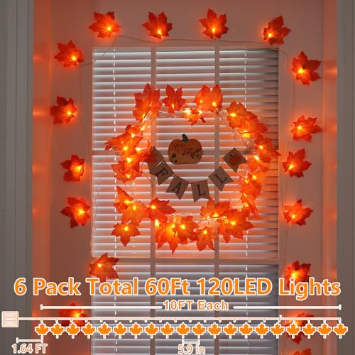 6 Pack Fall Garland with 120 LED Lights Battery Operated Autumn Decor