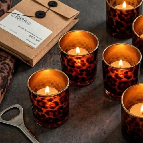 Leopard Brown Glass Tealight Candle Holder - Animal Print Decor Votive Jar