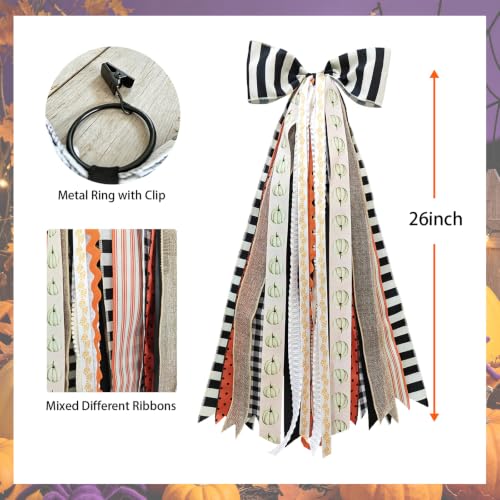 Striped Halloween Black Bow for Fall Wreaths Front Door Decor - Orange & Beige
