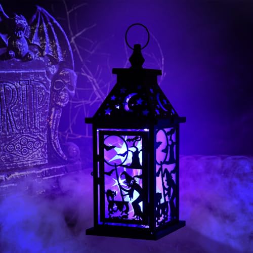 Halloween Indoor & Outdoor Lantern with Witch, Bat & Cat Variation - 14.9" Spooky Candle Decor with 82" LED Lights