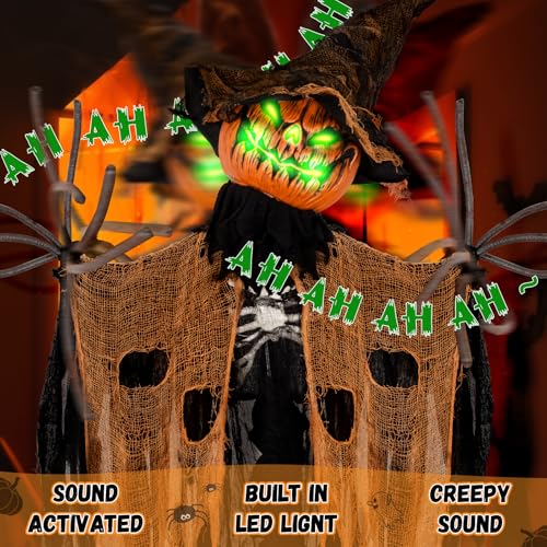 83-Inch Animatronic Pumpkin Man with Light-Up Eyes, Creepy Sounds, Motion - Standing Pumpkin Halloween Decor