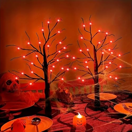 Black Halloween Tabletop Tree Set with Orange LED Lights - 24 Inch, Battery Operated, Indoor Decor