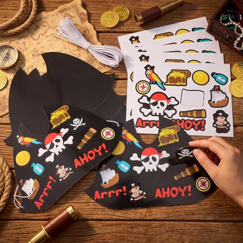 Pirate Party Hats Set with Stickers & Elastic Ropes - 24 Count