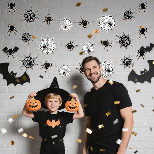 Halloween Spider Web Garland with Hanging Spiders - Indoor Outdoor Party Decorations