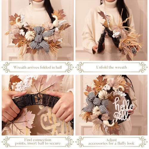 White 22-Inch Collapsible Fall Wreath with Pumpkins and Lights for Front Door