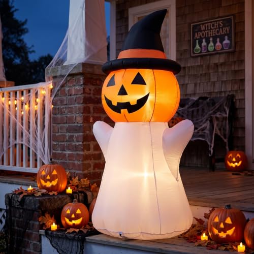 Pinkunn 5Ft Halloween Inflatable Pumpkin Ghost Decoration - Outdoor Scene, LED Light, Easy Setup, Variation: Pumpkin Ghost / 5ft