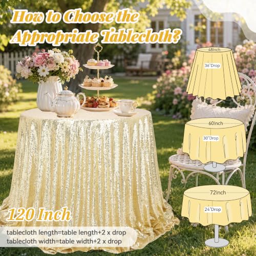 Light Gold Sequin Round Tablecloth 120 Inch Sparkly Cover for Parties & Events