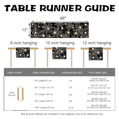 Halloween Spider Web Table Runner - Black White Cobweb Design, 13''x48'' - Seasonal Dining Decor