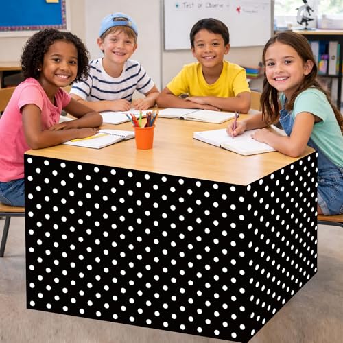 Polka Dot Table Skirt for Teacher Desk and Party Decor, Black White, 82 Inch