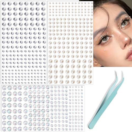 Resin Face Gems Set with Clear, Pearl, AB Rhinestones – Self-Adhesive Makeup & DIY Crafts (660pcs, 4 Sizes) - Variation: Clear + AB + Pearl