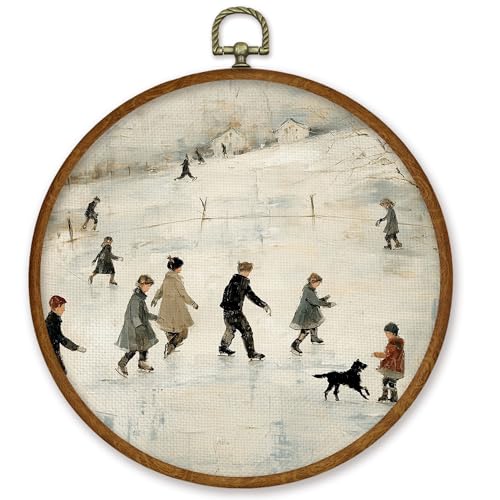 Winter Ice Skating Wall Art Decor - Round Canvas Framed for Home & Living Room