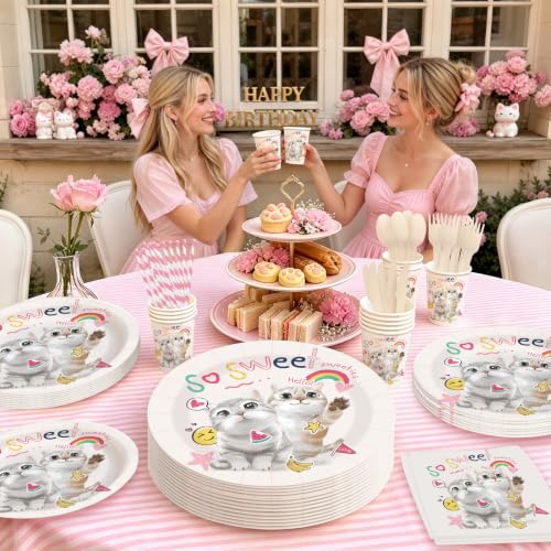 Pink Cat Birthday Party Plate Set for Kids - Serves 25 Guests, Disposable Tableware Kit