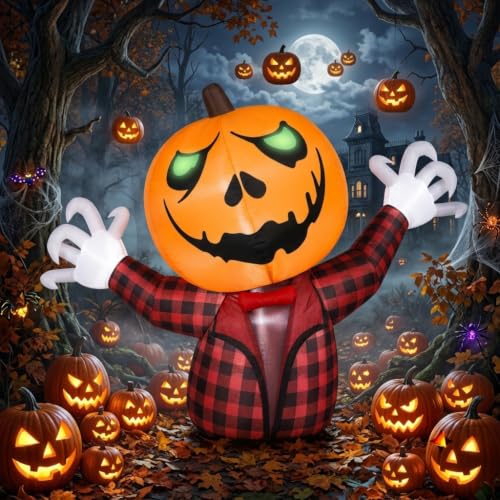 6 FT Halloween Inflatable Yard Decor - Day of the Dead Mariachi Skeleton with Guitar & Puppy, Pumpkin Variation, Bright LEDs