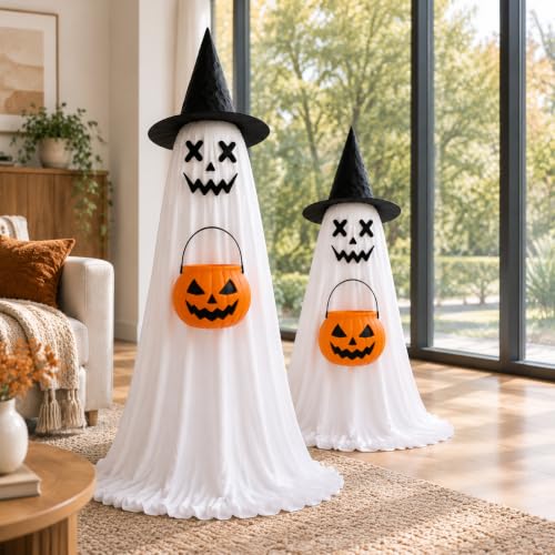 Outdoor Halloween Ghost Decorations - 2 Pack Light-Up, Adjustable Height 3-5 ft