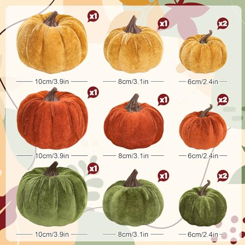 Artificial Velvet Pumpkins Fall Decor Set - Orange Green Yellow 3 Sizes, 12 Pcs