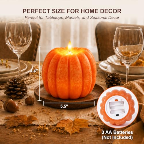 Large Flameless Pumpkin Candle - Real Wax Halloween Fall Decor, Orange