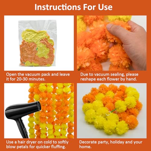Artificial Marigold Flower Garland 6 Pack - 5 Feet Yellow & Orange for Wedding Diwali Pooja Decor