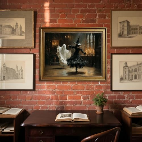 Vintage Halloween Wall Art Canvas Print Ghost and Witch with Gold Frame - 8x10 Inch Style-2