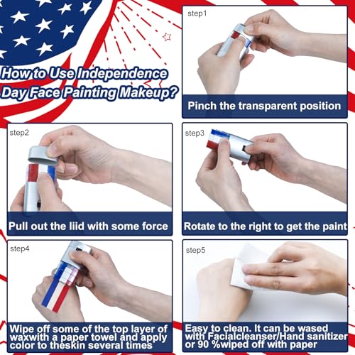 4-Pack Red White Blue Face Paint Sticks for 4th of July Body & Face Makeup