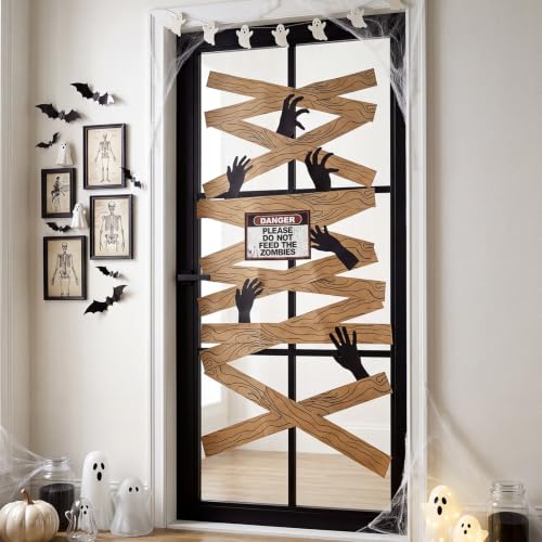 Halloween Haunted Window & Door Decoration Set with Zombie Hands and Warning Sign