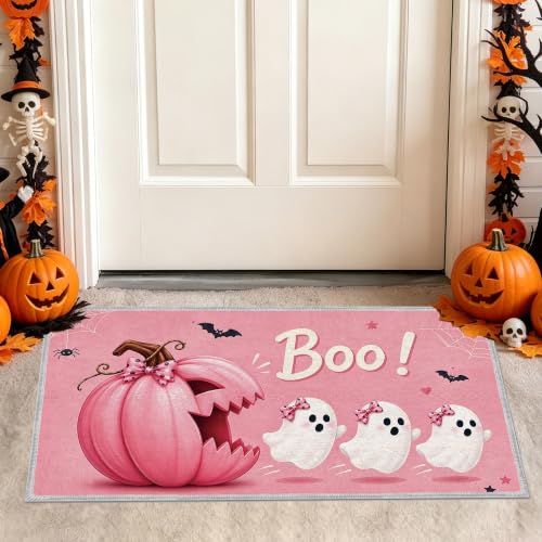 Pink Halloween Ghost Kitchen Rugs Set — 3 Pieces, 16x28 & 16x47 Inches, Ghost & Pumpkin Decor, Seasonal Floor Mat