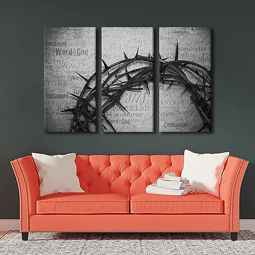 Religious Wall Art Canvas - The Holy Bible Crown Thorns, 3 Panels, 28x14 Each - Black & White Home Decor