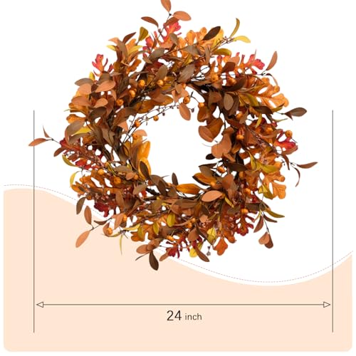 24-Inch Fall Wreath with Orange Pumpkins & Leaves - Handmade Autumn Door Decor