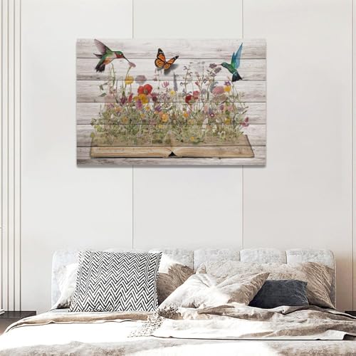 Rustic Hummingbird Wall Art Canvas Print - Farmhouse Flower Butterfly Decor, 24x16 Inches, Framed