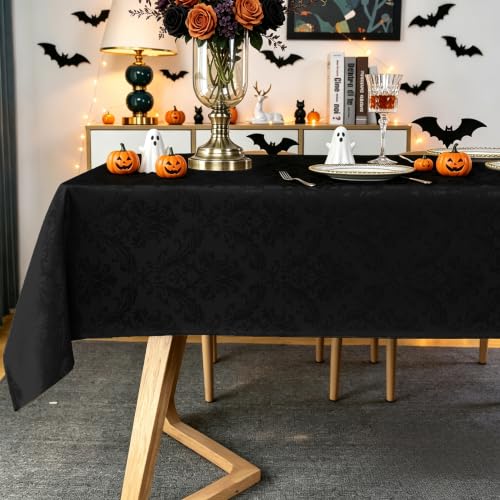Black Jacquard Damask Rectangular Tablecloth 60 x 102 Inch - Elegant Polyester