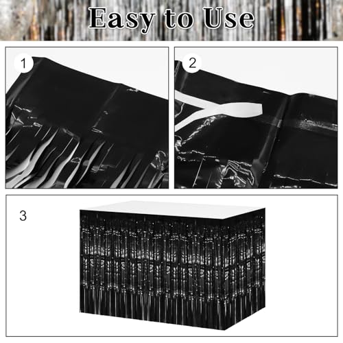 Black Foil Fringe Table Skirt Set - 2 Pack 29.5x108 Inch for Party Decor