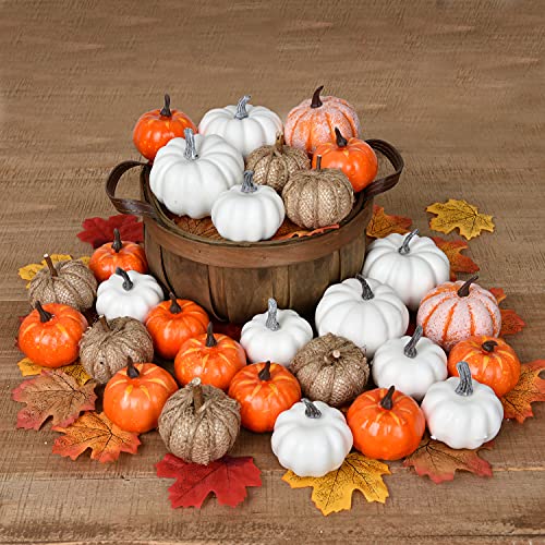 Artificial Fall Pumpkins and Maple Leaves Home Decor Set - Harvest Thanksgiving Autumn Decorations