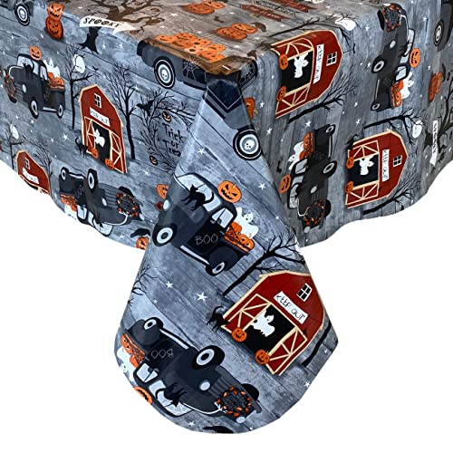 Haunted Farm Rectangular Vinyl Tablecloth 84x60 Inches with Flannel Backing - Spooky Ghosts and Pumpkin Scene
