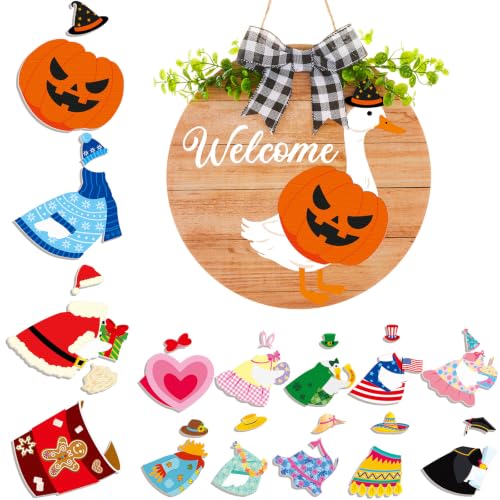 Wooden Interchangeable Goose Welcome Sign with Seasonal Clothes - 16 Pcs, Wood Color