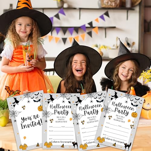 Halloween Party Invitations with Envelopes - Spider Web Pumpkin Black Cat - Black & White, Fill-In Style, Pack of 20