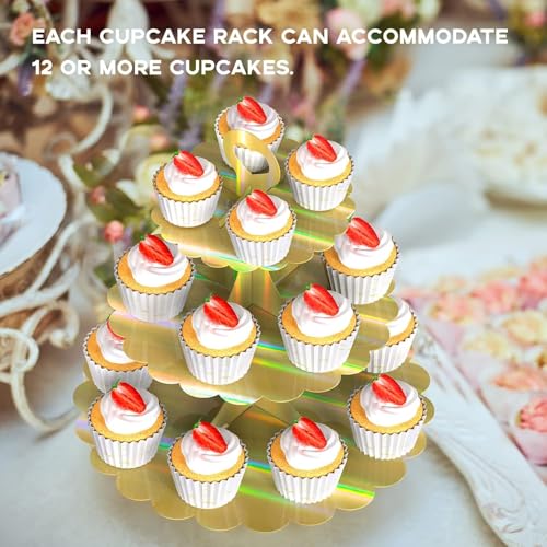 Rainbow Gold 3-Tier Cupcake Stand - Reusable Cardboard Dessert Tower for Parties & Weddings
