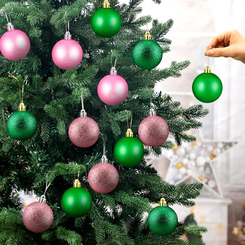 Pink Green Christmas Tree Ornaments Set - Shatterproof 2.4 Inch Xmas Balls