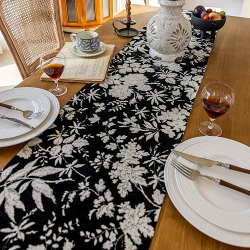 Botanical Floral Black Boho Table Runner - 13 x 71 Inches, Floral Black Variation